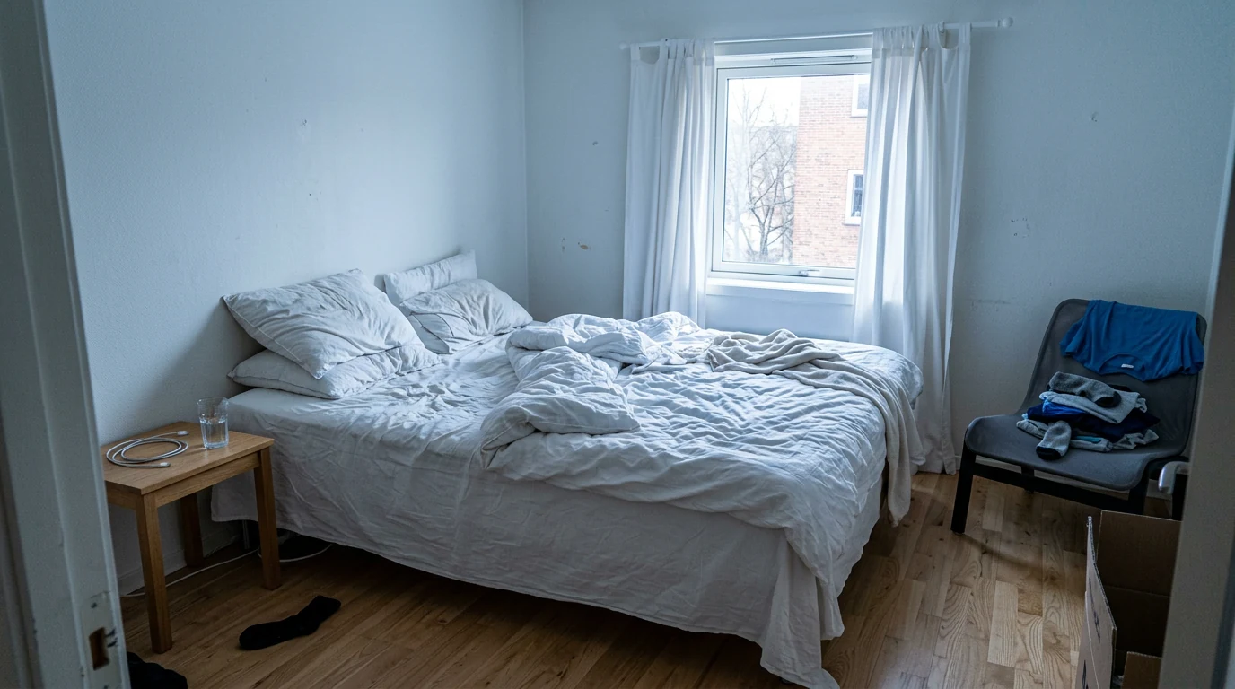 Demonstration: a dim, cold bedroom with an unmade bed, before the edit
