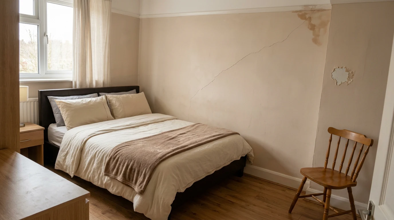The same bedroom tidied and lit, with the wall crack, stain and peeling plaster kept