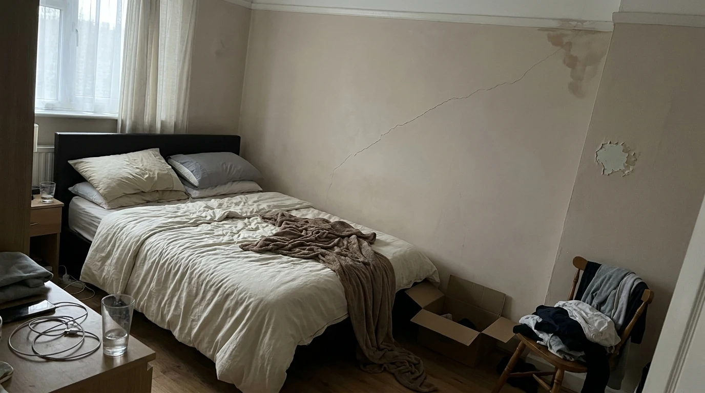 Demonstration: a bedroom with an unmade bed, clutter and clearly damaged walls, before the edit