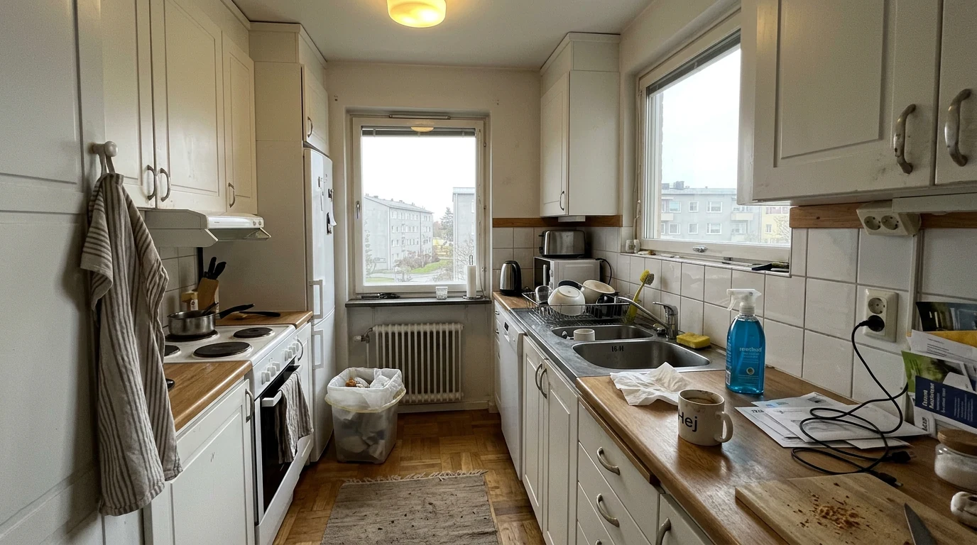 Demonstration: a kitchen in flat grey light with cluttered worktops, before the edit