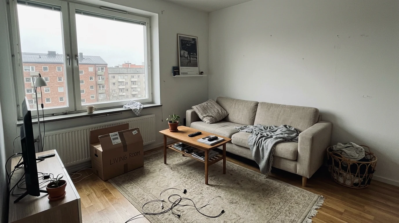 Demonstration: a living room in flat grey light with clutter, before the edit