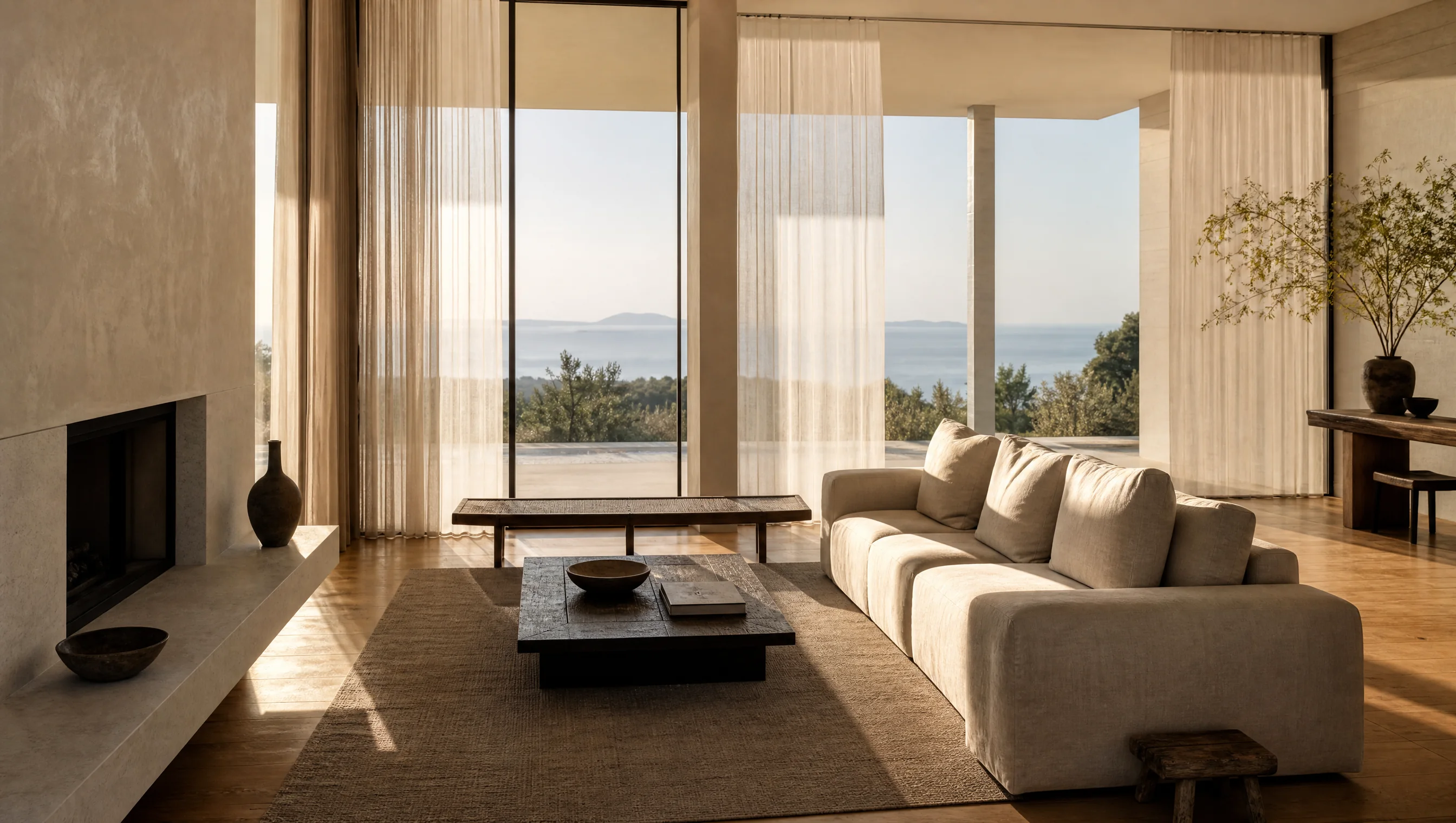 A cinematic film-still of a sunlit living room with a sea view